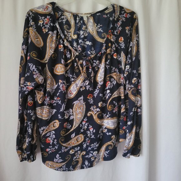 Lucky Brand BOHO Top Peasant Flowy XL blue Cotton Linen Paisley floral Women's - Picture 1 of 10